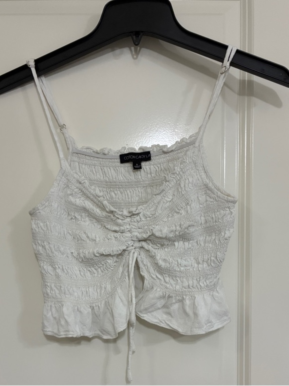 Cotton Candy White Smocked Drawstring Cami with Ruffle Hem